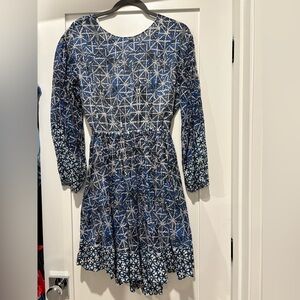 Maje Blue and White Geometric Long Sleeve Dress